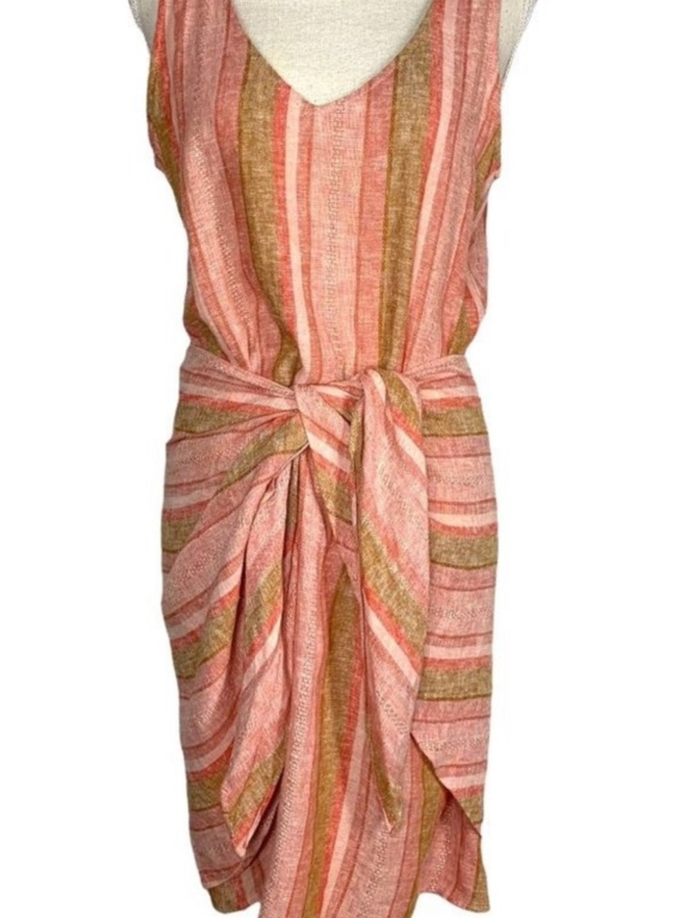 DREW Striped Midi Dress in Coral, Olive and Cream XS EUC